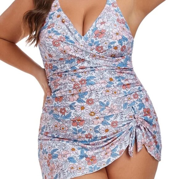 Colorful Floral One Piece Ruched Swim Dress Cruise Resort Pool Beach Vacation - Picture 1 of 8
